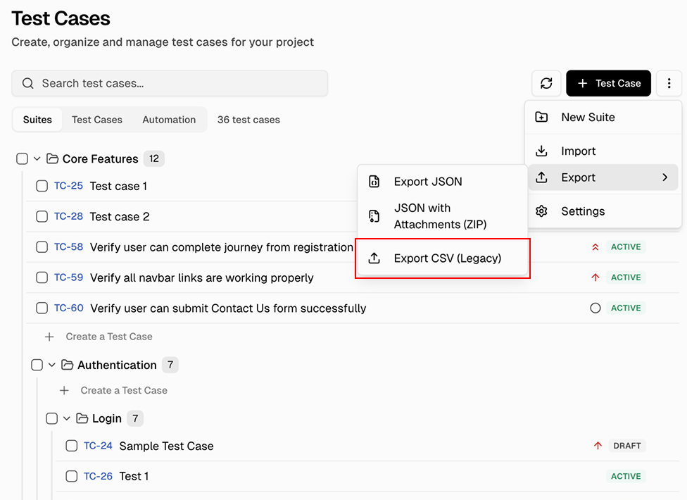 Export test cases as JSON or CSV